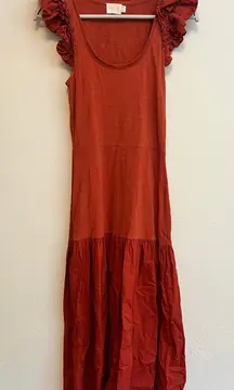 Nation LTD Everleigh Frilly Dress Midi Cayenne Orange Ruffle Sleeve Tiered XS