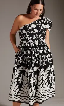 Anthropologie + Plus Embroidered One Shoulder Midi Dress Black White Size 20W