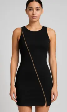 Superfoxx bodycon black mini dress front asymmetric zipper Stretchy Sz S