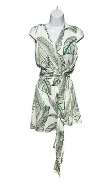 Beach Tropical Leaf Wrap V-Neck Cover-Up Dress Belted Summer Tank Dress M