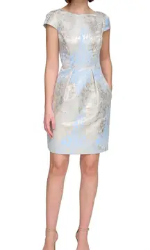 NWT  Crew Neck Cap Sleeve Blue Metallic Foil Detailed Mini Dress