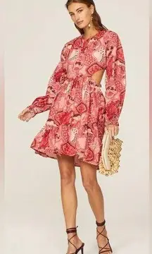 Chufy Hari Mini Dress Open Back Cut Outs Tie Back Boho Floral Red Pink Paisley L