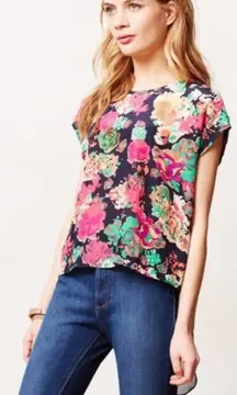 Anthropologie Maeve Komal Floral Silk High-Low‎ Split Hem Top Blouse Size 0