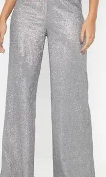 PRETTY LITTLE THING GLITTER SILVER METALLIC SHIMMER SPARKLY WIDE LEG PANTS L