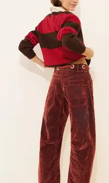 Free People We The Free Flocked Pull-On Barrel Jeans In Red $228 MSRP size:27 100% Cotton Origin Import  Perfect Like New Condition Exactly as pictured  Any questions please feel free to ask 🫶🏼  Nuuly No refunds returns or cancellations