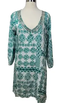 Ace Fashion White Green Beaded V Neck Tunic Cover Up Dress S Boho Resort Wear