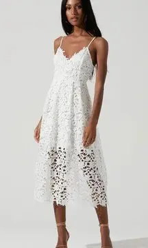 ASTR  The Label Lace Overlay A-Line Midi Dress Plunge Neck White Women's XS