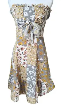 Boohoo Strapless Patchwork Dress in Cream and brown Size 8