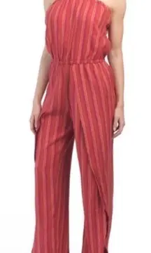 🌞Anthro Drew Emerson Red Striped Linen Blend Strapless Split Leg Jumpsuit