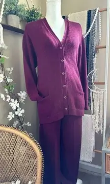 St. John Vintage Marie  Knit Burgundy 2 Piece Cardigan Pant Set