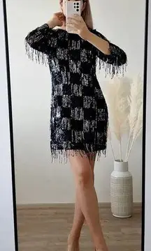 ZARA  Sequin Fringed Long Sleeve Mini Dress Black Silver Size Large Disco