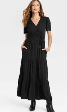 NWT Black Faux Wrap Tiered Maxi Dress