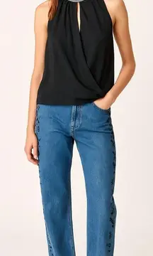 Maje Top Womens 1 US S Black Silk Draped Faux Wrap Sleeveless Embellished Neck