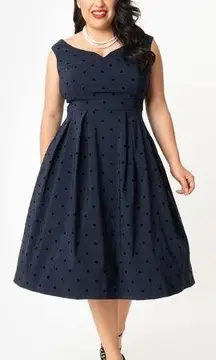 Collectif • Princess Liz Swing Dress polka dot flocked velvet navy blue 50s