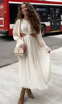 dress midi bohemian ivory cream cut out pleated wide sleeve wedding summer