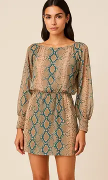 Karina Grimaldi Silk Snake Print Mini Dress Sheer Layer Sleeves Whimsy Romantic