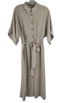 Zara Belted Shirt Dress Size Small Tan Short Dolman Sleeve Ruched Side Waist