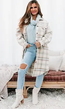 Fate Plaid Wool Blend Hooded Long Shacket Jacket Cream Blue Large Midi Button