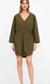 ZARA  Elastic Waist Khaki Green V-neck Tunic Dress size S