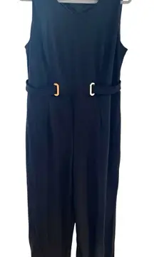 T Tahari Black Cropped Length Sleeveless Scoop Neck Gold Belted Jumpsuit