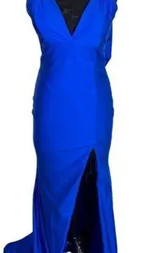 Sz M  Electric Blue Gown Cowl Open Back and Side Slit Dress