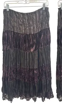 Y2K Allison Taylor Brown Velvet Burnout Lace Crinkle Tiered Midi Skirt Fairy S