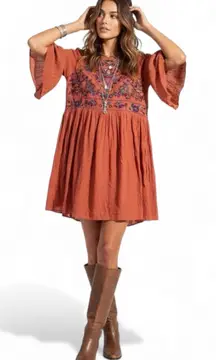 Umgee Floral Embroidered Bell Sleeve Babydoll Mini Dress Womens M Rust Western
