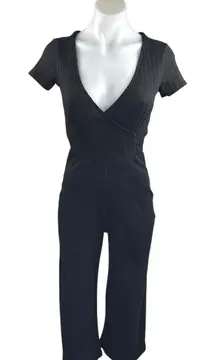Stradivarius Black Short Sleeve Rib Knit Deep V Neck Faux Wrap Jumpsuit Size S