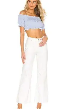 Free People High Rise Straight Flare Jeans in White 100% Cotton Frayed Size 29