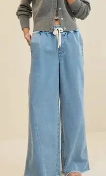 Aerie Soft Landing Pull On Mid Rise Wide Leg Trouser Jeans Light Wash Blue XS