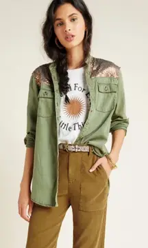 Anthropologie Sequin Shoulder Utility Shirt Jacket Olive Green Button Down XS