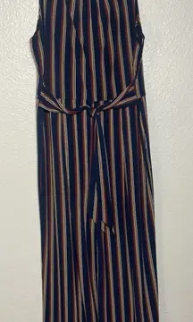 Womens Jumpsuit Sleeveless Mixed Stripe Wide Leg Size XL Navy Blue Tie Waist