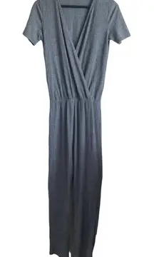 Zara Jumpsuit Women S Gray Split V-Neck Bodice Short Sleeve Skinny‎ Leg Ribbed