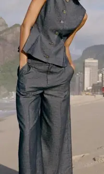 Zara Tailored Waistcoat Vest Top Blue 100% Medium Womens