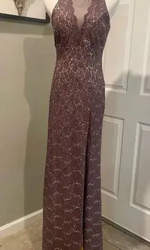 Nightway Sequin Floral Lace Mauve Brown Long Dress With Slit Size 8  Formal