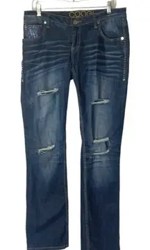 Coogi Blue Medium‎ Wash Distressed Rhinestone Accent Straight Leg Jeans 11/12