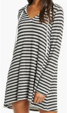 💕LA BLANCA Slouchy Hooded Sweater Cover-Up Tunic Black White Stripes Medium NWT