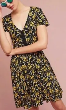 Anthropologie MAEVE Black Yellow Floral Corset Short Sleeve Mini Dress