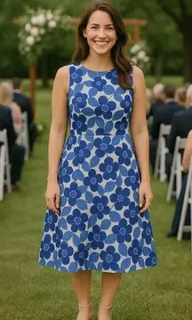 Cremieux Blue and White Mesh Floral  Dress - Size 6