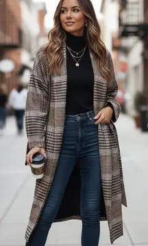 J.ING Jing Brown Plaid Checker Print Coat Jacket with Tie Size Large NWT