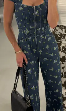 Floral Cap Sleeve Corset Wide Leg Denim Jumpsuit