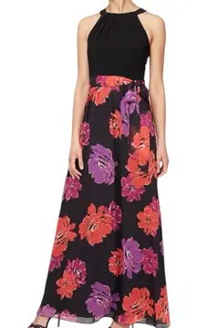 SLNY SL Fashions Halter Mixed Media Maxi Dress size 14 Floral Belted
