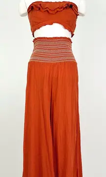 Free People Smocked Gauze Top + Bottom Coord Set in Rust Orange | Size S