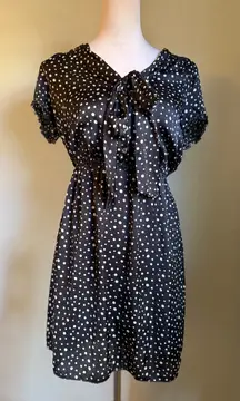 Preppy Polka Dot Dress Black White Tie Neck Short Sleeve S fall whimsi boho Y2K
