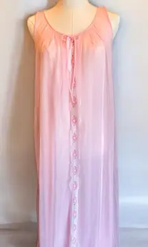 Vintage Pink Chiffon Lace Long Nightgown Sheer Barbie Cottage Large 60's