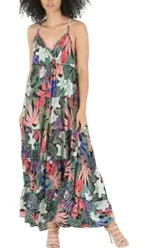 Angie Tropical Print Tiered Maxi Dress Crossed Back Boho Sleeveless size M Flowy