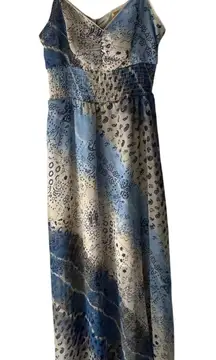 Princess Vera Wang Blue‎ Patchwork Print Dress M Boho Y2K Midi Smocked Backless
