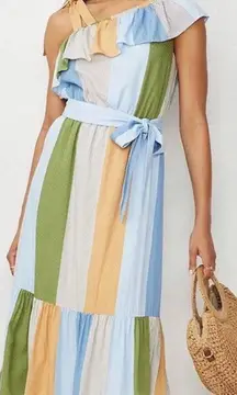 One Shoulder Multicolor Striped Midi Dress