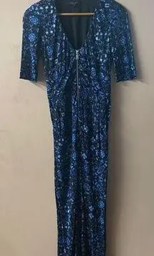 Nanette Lepore Black & Blue Printed V-Neck JumpSuit Size 2 EUC