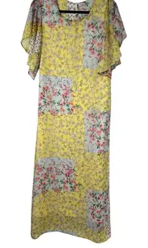 Femina Flaunt‎ Mixed Print Floral Patchwork Maxi Dress Flutter Sleeve L Women’s